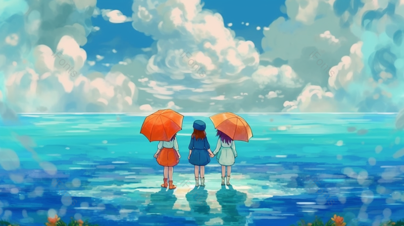 小朋友站在蓝天白云海滩日出日落插画背景图蓝色手绘图,插画/手绘图,插画/手绘图库,插画/手绘图下载,插画/手绘